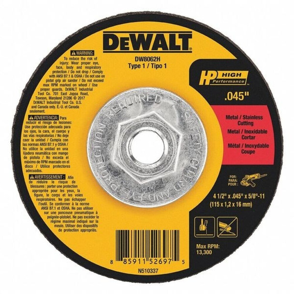 Dewalt DW8062H Abrasive Cut-Off Wheel, Type 1, 4 1/2 in Dia, 0.045 in Thick, 5/8"-11 Arbor Hole Size, 60 Grit