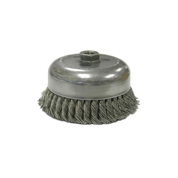 Heavy-Duty Knot Wire Cup Brush, 6 in Dia., 5/8-11 UNC Arbor, 1 3/8 x .035 Wire