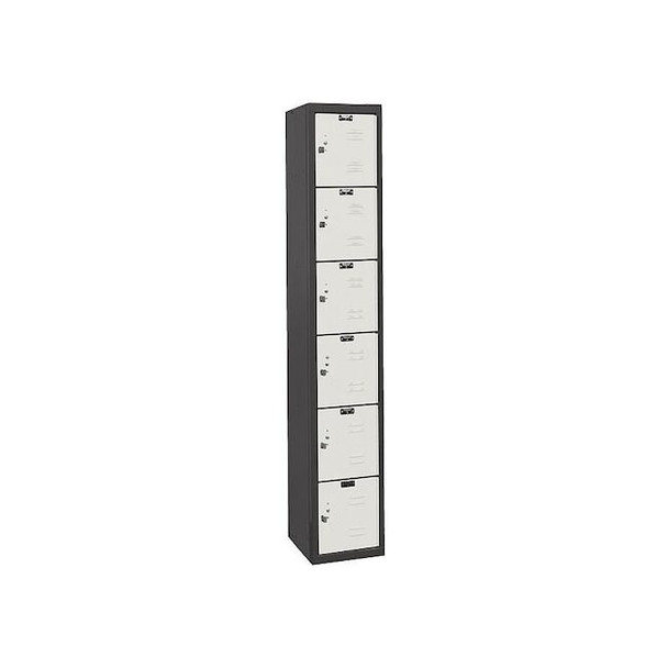 Box Locker, 12 in W, 18 in D, 72 in H, (1) Wide, (6) Tier, Light Gray/Black