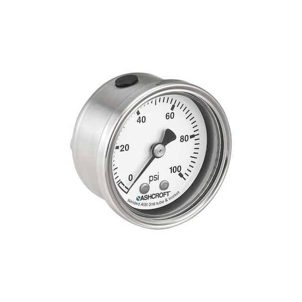 Pressure Gauge, 0 to 100 psi, 2 in Dial, 1/4 in NPT, Center Back Location