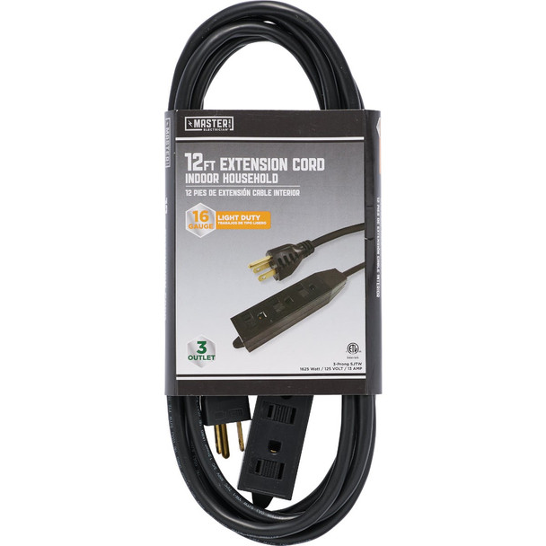 Master Electrician 12FT 16/3 SJTW Black Indoor Extension Cord 04002-ME