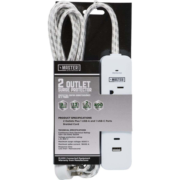 Master Electrician 2 Outlet Surge Protector LTS-02H-9