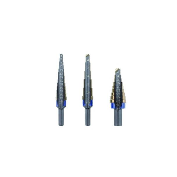 Cobalt Step Drill Sets, 1/8 in to 3/4 in Cutting Dia