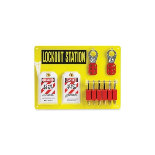 6-Lock Lockout Board, 11.5 in H x 15.5 in W x 0.1875 in D, Yellow, 1-1/2 in dia Shackle