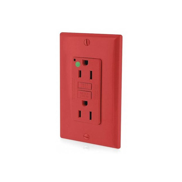Leviton GFIRcptcl,15A,125VAC,Rd,Polycarbonate GFNT1-HGR