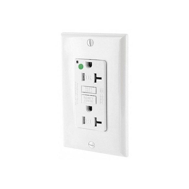 Leviton GFIRcptcl,20A,125VAC,Wht,Polycarbonate GFTR2-HGW