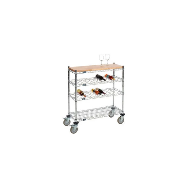 Mobile Wine Display Unit 4 Tier Chrome Wood Top 14""W x 36""L x 34""H