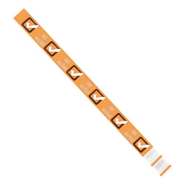 Tyvek Wristbands, 3/4" x 10", Orange "Age Verified", PK500 WR102OR