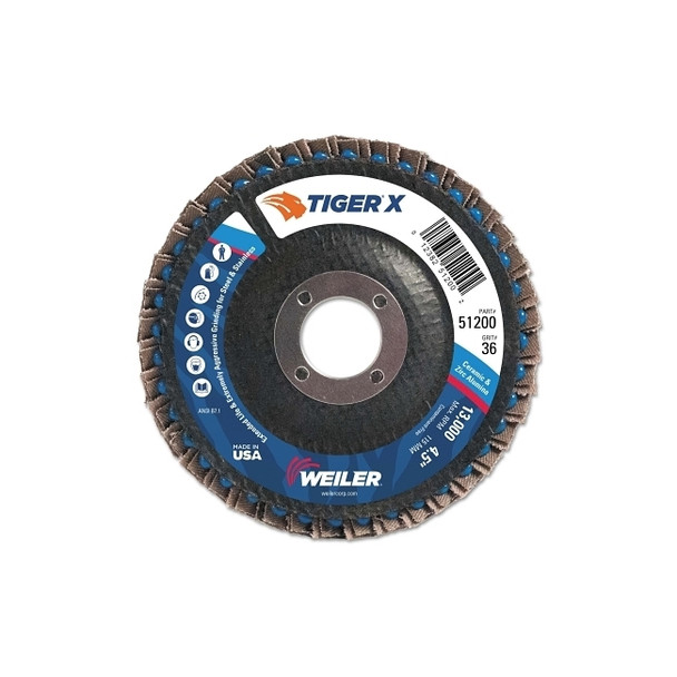 Tiger® X Flap Disc, 4 1/2 in Angled, 36 Grit, 7/8 in Arbor