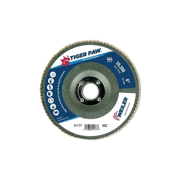 Tiger Paw™ TY29 Coated Abrasive Flap Disc, 6 in, 80 Grit, 7/8 in Arbor