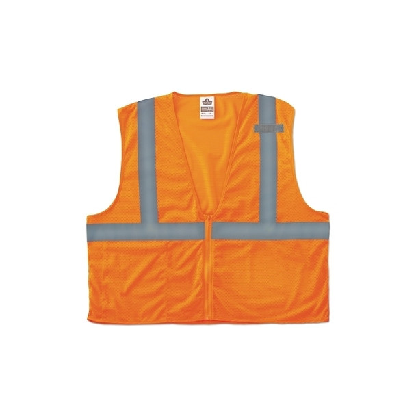 GloWear® Safety Vest, 8210Z, Mesh, Class 2, Type R, 2 in Reflective Tape, 2 Pockets, Zipper, Small/Medium, Orange