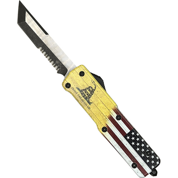 Small Premium Aluminum Lightweight Don't Tread on Me Tanto Serrated Black D2 SA-DTOM-52-1