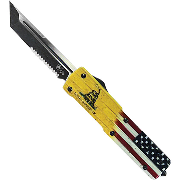 Large Premium Aluminum Lightweight Don't Tread on Me Tanto Serrated Black D2 LA-DTOM-52-1