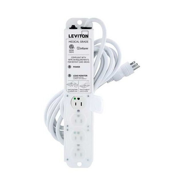 Leviton Outlet Strip, Medical Grade, 4 5-15R, 5-15P, 15 ft., White 53C4M-1N5
