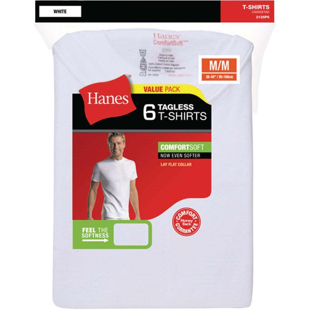 Hanes L White Cotton Crew T-Shirt (6-Pack) 2135P6-L