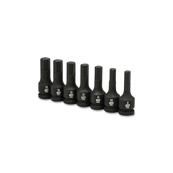 Impact Socket Set, 1/2 in Dr, 6-point, SAE, 9 mm to 15 mm, 7-Pc Hex Bit, Incl Metal Rail