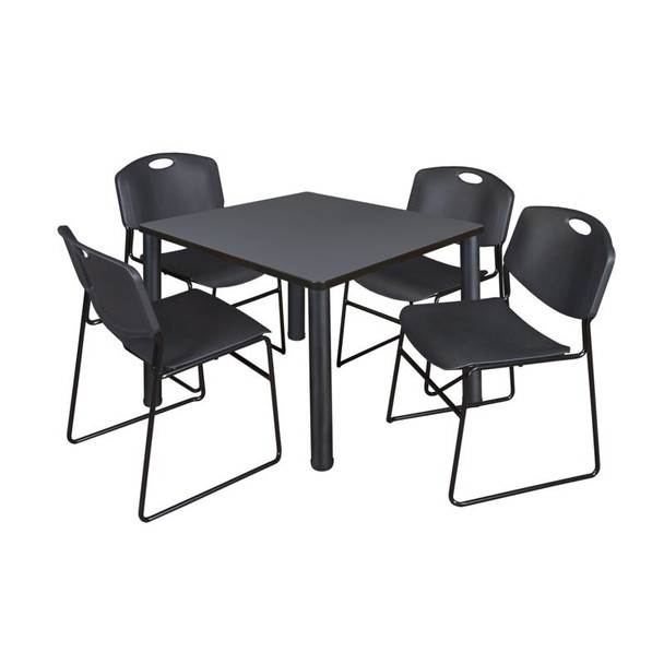 Square Gray Table w/4 Black Chairs, Square,42", 42" W, 29" H, Gray
