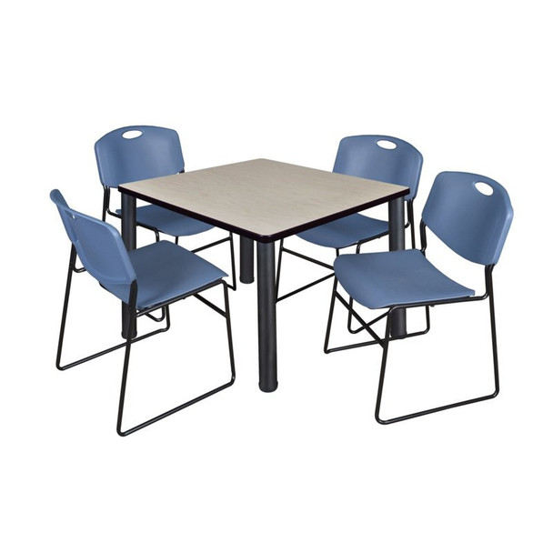 Square Maple Table/4 Blue Chairs, Square,36", 36" W, 29" H, Maple
