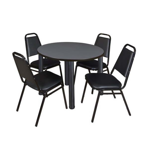 Kee Kee Round Table & Chair Set, Wood, Metal, Vinyl Top, Grey TB36RNDGYBPBK29BK