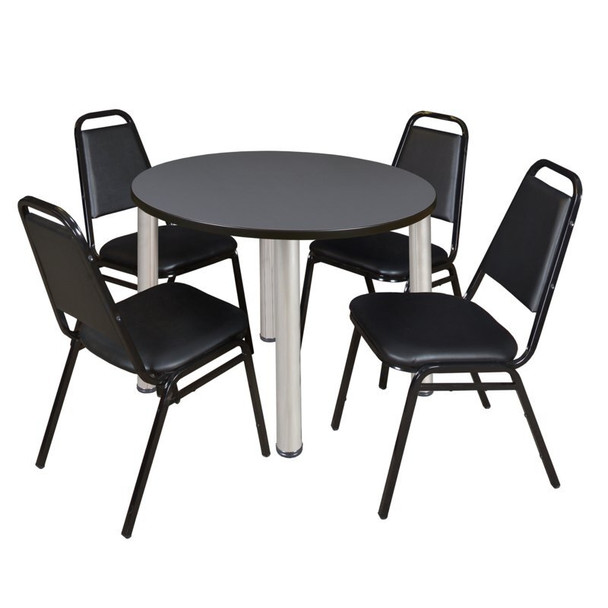Kee Kee Round Table & Chair Set, Wood, Metal, Vinyl Top, Grey TB36RNDGYBPCM29BK