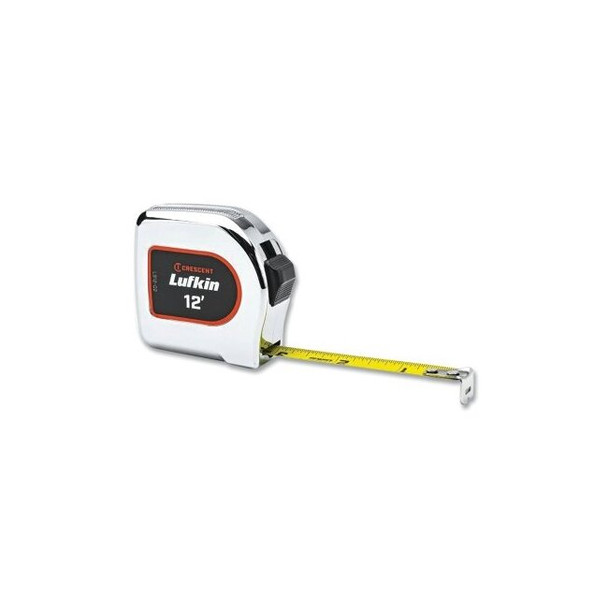 Chrome Power Tape Measure, 1/2 in W, 12 ft L, Chrome Case, Yellow Clad