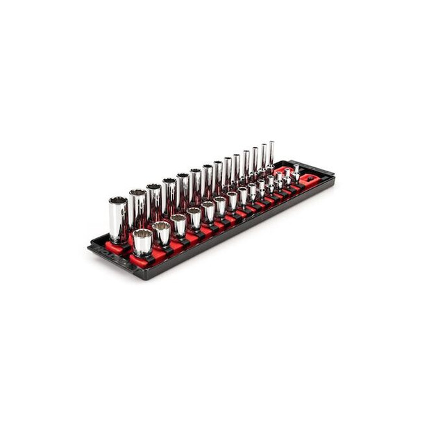 1/4 Inch Drive 12-Point Socket Set with Rails and Tray, 28-Piece 4-15 mm