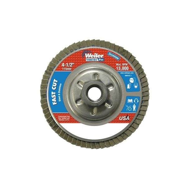 Vortec Pro Abrasive Flap Discs,4.5", 120 Grit, 5/8 Arbor, 13,000 rpm, Alum Back Pack of 10