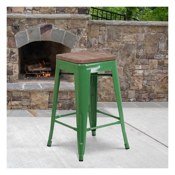 Metal Counter Stool, 24", Green, Seat Material: Wood