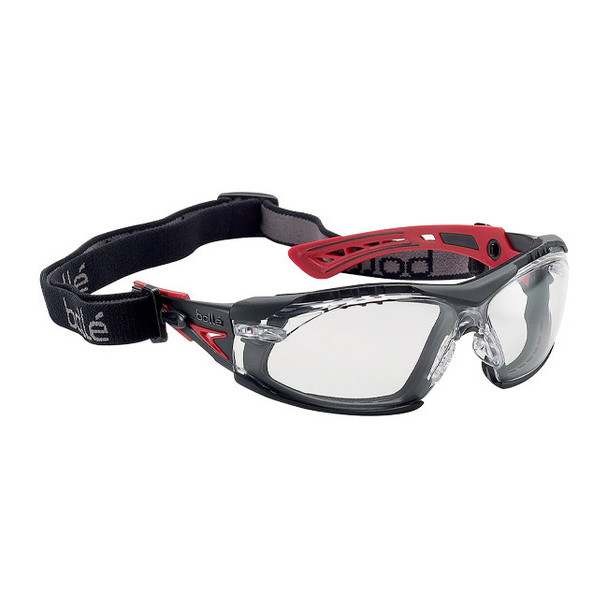 Bolle Safety Rush+ Assembled Safety Glasses, Black/Red Frame, Clear Lens, 1/Each