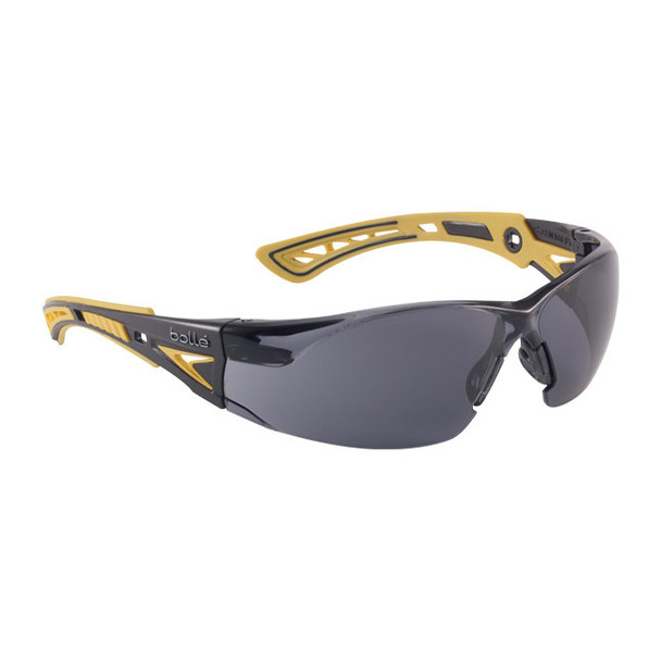 Bolle Safety Rush+ Safety Glasses, Black/Yellow Frame, Smoke Lens, 1/Each