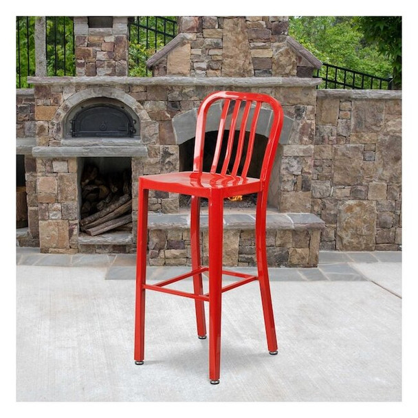 2 " High Red Metal Barstool with Slat Back, PK2