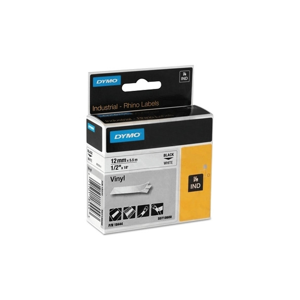 Industrial Rhino™ Vinyl Label Cartridge, 1/2 in W x 18 ft L, Black Print on White Background Pack of 5