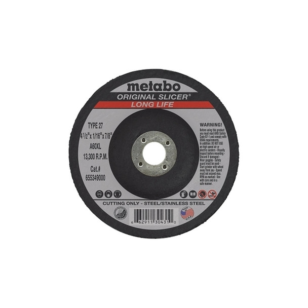Slicer Cutting Wheel, Type 27, 4 1/2 in Dia, 1/16 in Thick, 36 Grit Alum. Oxide Pack of 50