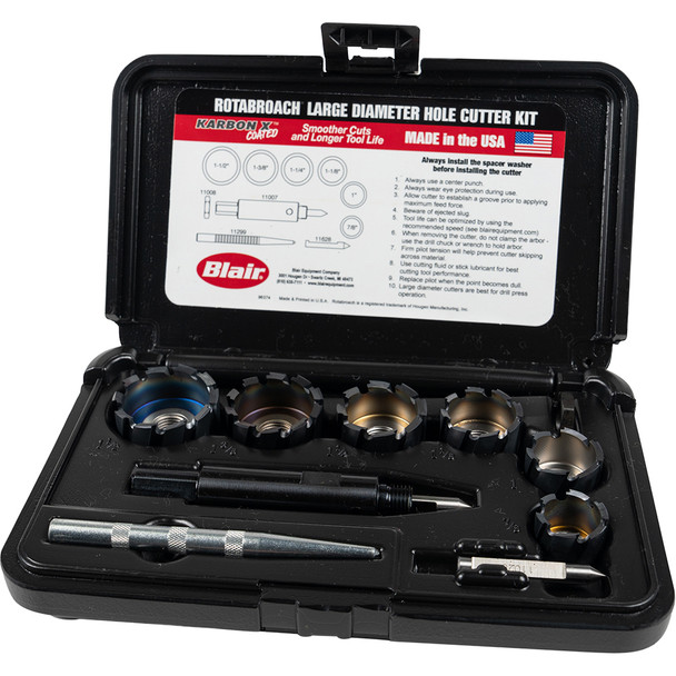 7/8, 1, 1-1/8, 1-1/4, 1-3/8, & 1-1/2" Cutters, Arbor, Hex Washer, Center Punch, & Extra Pilot 11091KX