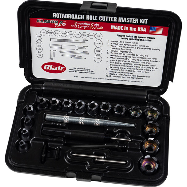 16 Sizes (1/4-3/4") Cutters, Arbor, Hex Wrench, Center Punch, & Extra Pilot 11099KX