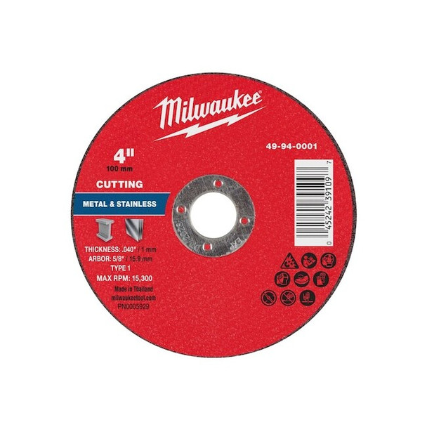 Milwaukee Tool Cut-Off Wheel,5/8" Sz,4" dia. 49-94-0001
