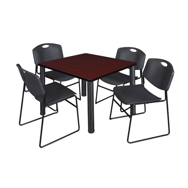 Square Mahogy. Table/4 Black Chairs,Square,36", 36" W, 29" H, Mahogany