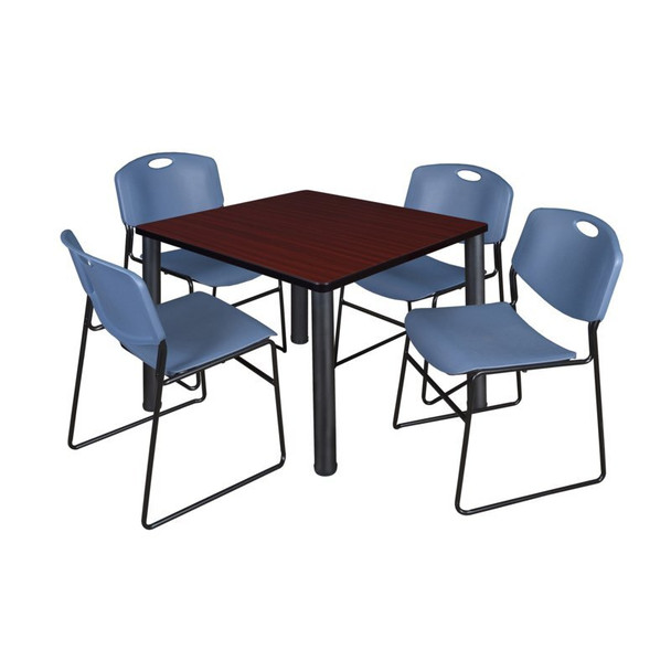 Square Mahogy. Table/4 Blue Chairs,Square,36", 36" W, 29" H, Mahogany