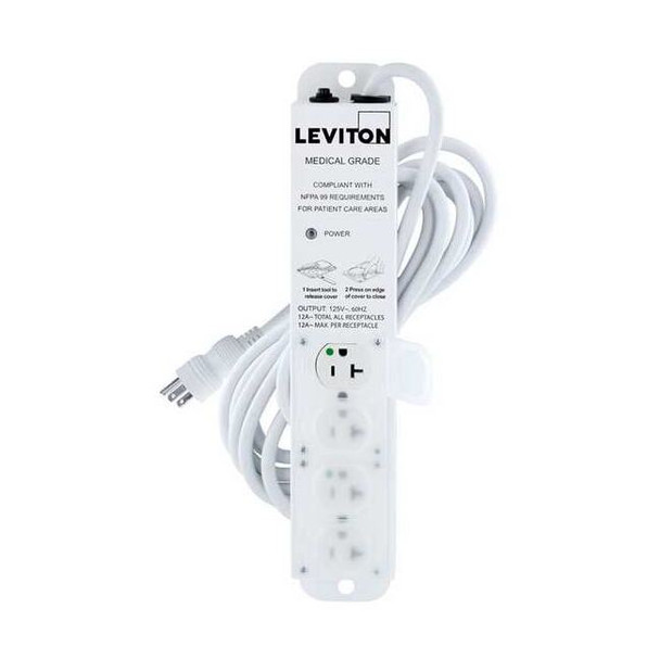 Leviton Outlet Strip, Medical Grade, 4 5-20R, 5-20P, 15 ft., White 5304M-2N5