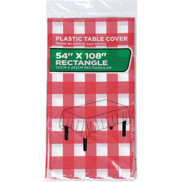 54 In. x 108 In. Red & White Gingham Rectangular Plastic Table Cover WM00981683