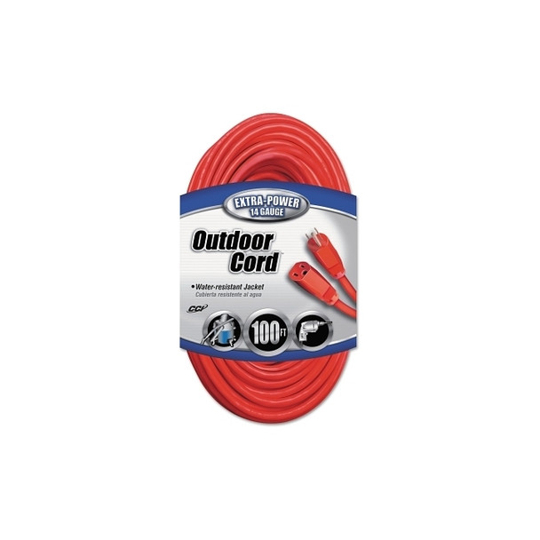 Vinyl Extension Cord, 100 ft, 1 Outlet, Red
