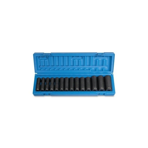 Impact Socket Set, 1/2 in Drive, Metric, 6-point, 10 mm to 27 mm, 14-Pc Deep Length
