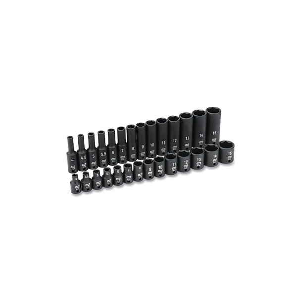 Impact Socket Set, 1/4 in Dr, 6-point, Metric, 4 mm to 15 mm, 28-Pc Deep/Standard Lengths, Incl Blow Mold Case
