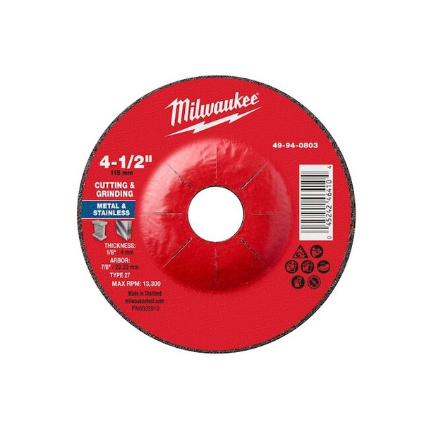 Milwaukee Tool Cut-Off & Grinding Wheel,4 1/2" dia. 49-94-0803