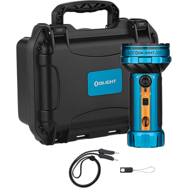 Versatile 10,000-lumen flashlight with multiple beam options and dual charging. OLMARAUDERMN2RS