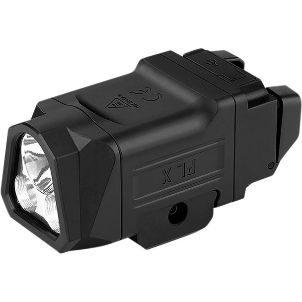 Dual-beam weapon light with floodlight, spotlight, and USB-C charging. OLPLXBK