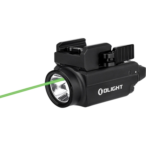 Compact weapon light with green laser, 800 lumens, and adjustable rail. OLBALDRSBK