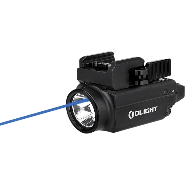 Compact weapon light with blue laser, 800 lumens, and adjustable rail. OLBALDRSBLBK