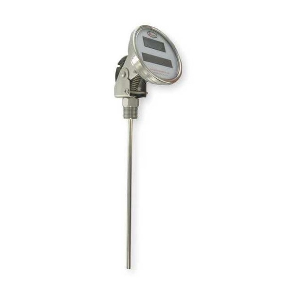 Digital solar-powered bimetal thermometer, range -58 to 302 Degrees F, 15" stem.