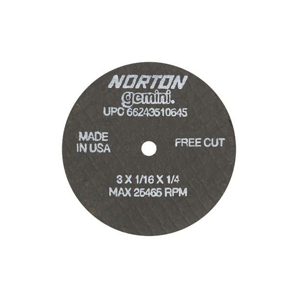 Gemini Type 1 Reinforced Cut-Off Wheel, 3 in dia, 1/16 in Thick, 1/4 in Arbor, 36 Grit, Aluminum Oxide